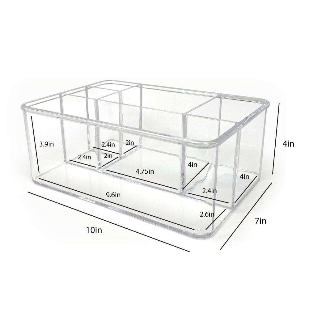 Isaac Jacobs 5-Compartment Clear Acrylic Organizer (10” L x 7” W x 4” H), Makeup Brush Holder, Tall Slot, Multi-Sectional Tray, Storage Solution for Makeup, School, Crafts, Office Supplies &amp; More
