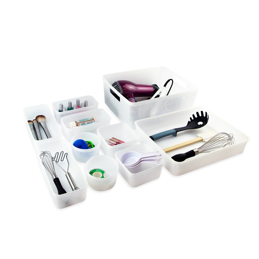 Isaac Jacobs Glitter Plastic Organizer Set w/Cut-Out Handles, Multi-Functional Home Storage, Desk, Office, Bathroom, Bedroom, Closet, Playroom