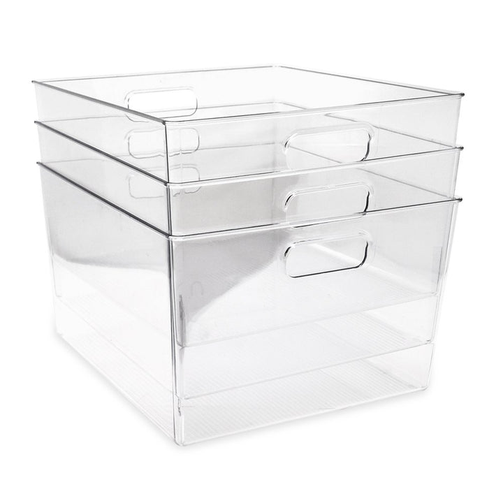 Isaac Jacobs 3-Pack Clear Storage Bins with Handles, Plastic Organizer for Home, Room, Office, Fridge, Kitchen/Pantry Non-Slip Container Set, Food Safe, BPA Free