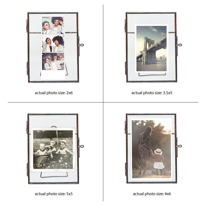 Isaac Jacobs (2-Pack) Vintage Style Brass and Glass, Metal Floating Picture Frame with Locket Closure, for Photos, Art, &amp; More, Tabletop Display