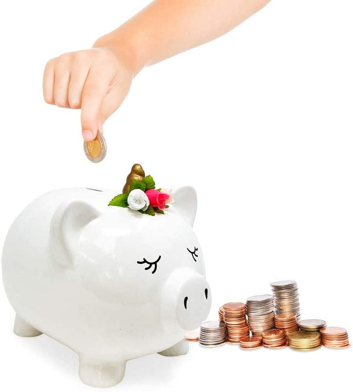 Isaac Jacobs Ceramic Pigicorn Money Bank, Cute Piggy Bank, Princess Unicorn Pig with Floral Wreath, Girls Room Decor, Kids Cartoon Animal Coin Bank, Fun Keepsake Gift for Children and Teens (White)