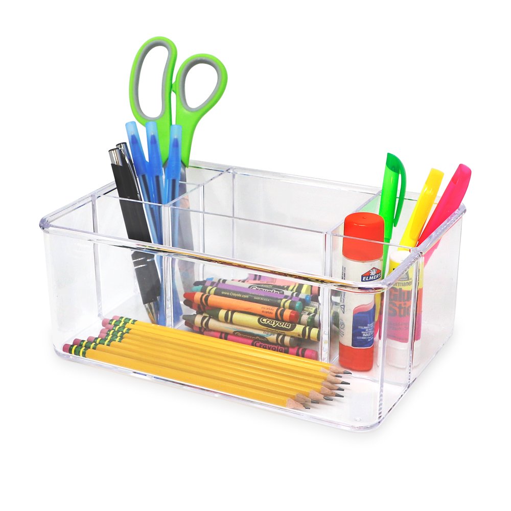 Isaac Jacobs 5-Compartment Clear Acrylic Organizer (10” L x 7” W x 4” H), Makeup Brush Holder, Tall Slot, Multi-Sectional Tray, Storage Solution for Makeup, School, Crafts, Office Supplies &amp; More