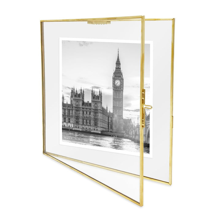 Isaac Jacobs Vintage Style Brass and Glass Hanging Picture Frame, Wall-Mountable, Floating Picture Frame w/ Locket Closure, for Photos, Wall Décor, Art, &amp; More