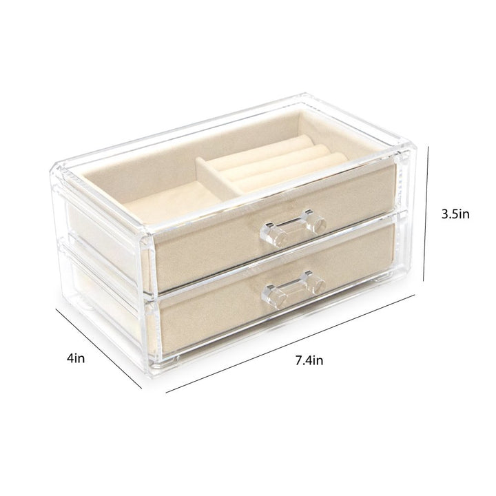 Isaac Jacobs Clear Acrylic 2-Drawer Jewelry Organizer (7.4” x 4.5” x 3.5”) w/ Velvet Lining, Stackable Storage Box For Rings, Necklaces, Bracelets, Earrings &amp; Watches, Tabletop Display Case