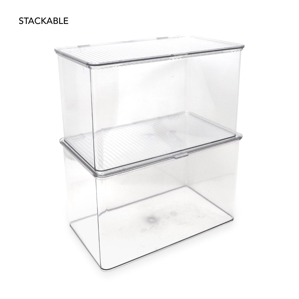 Isaac Jacobs Stackable Organizer Bin w/ Hinged Lid, Clear Storage Box, Home, Office, School, Fridge, Bathroom, Kitchen, Pantry Container, BPA-Free, Food Safe_