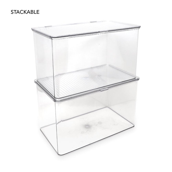 Isaac Jacobs Stackable Organizer Bin w/ Hinged Lid, Clear Storage Box, Home, Office, School, Fridge, Bathroom, Kitchen, Pantry Container, BPA-Free, Food Safe_