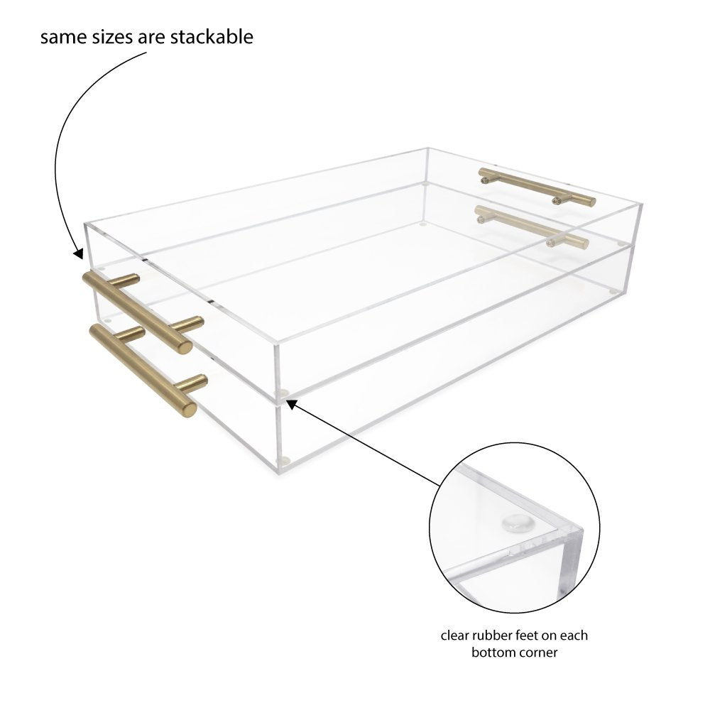 Isaac Jacobs Clear Acrylic Serving Tray with Metal Handles, Spill-Proof, Stackable Organizer, Space-Saver, Food &amp; Drinks Server, Indoors/Outdoors, Lucite Storage Décor &amp; More