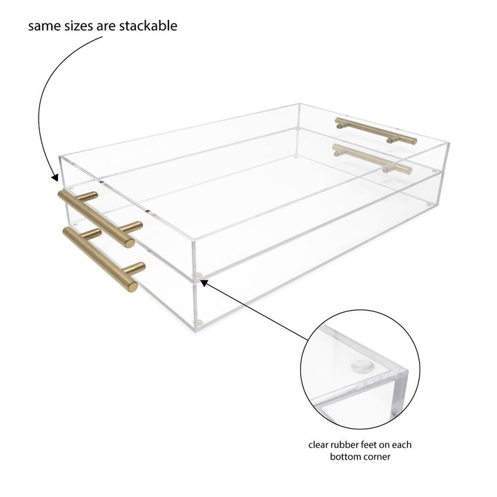 Isaac Jacobs Clear Acrylic Serving Tray with Metal Handles, Spill-Proof, Stackable Organizer, Space-Saver, Food &amp; Drinks Server, Indoors/Outdoors, Lucite Storage Décor &amp; More