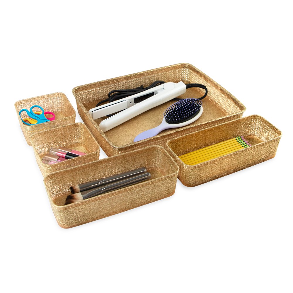 Isaac Jacobs Glitter Plastic Organizer Set w/Cut-Out Handles, Multi-Functional Home Storage, Desk, Office, Bathroom, Bedroom, Closet, Playroom