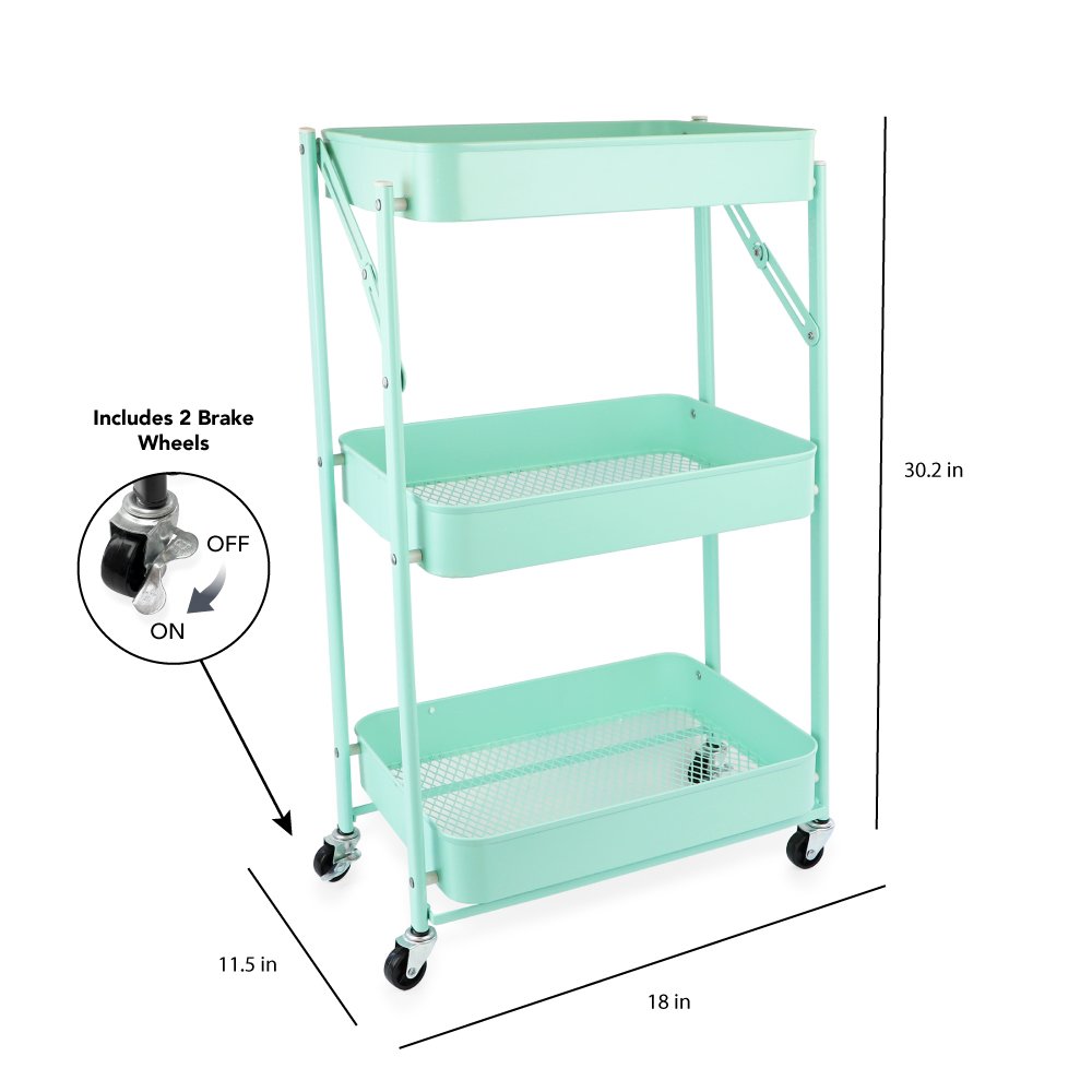 Isaac Jacobs 3-Tier Rolling Cart, Foldable Mobile Storage Organizer with Caster Wheels, Lightweight Multi-Purpose Metal Utility Cart for Office, Kitchen, Bathroom, Bedroom