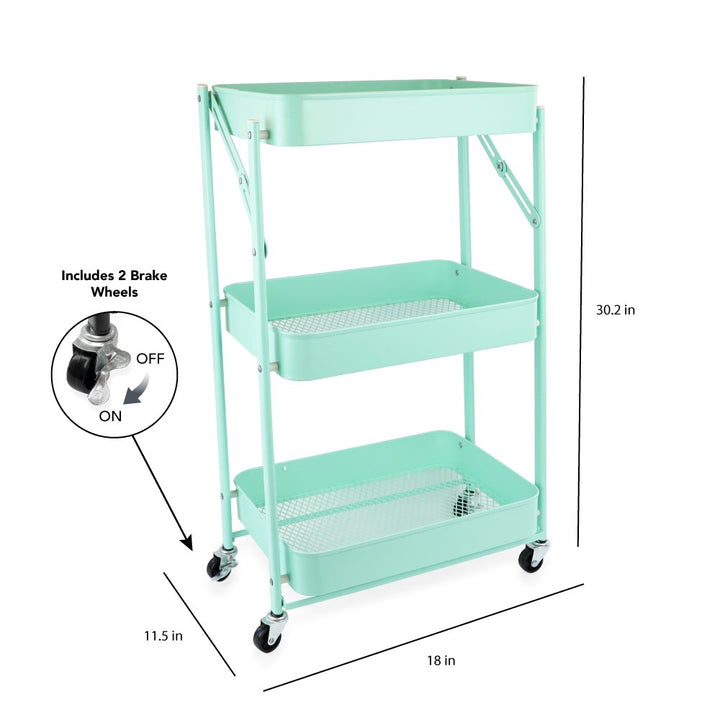 Isaac Jacobs 3-Tier Rolling Cart, Foldable Mobile Storage Organizer with Caster Wheels, Lightweight Multi-Purpose Metal Utility Cart for Office, Kitchen, Bathroom, Bedroom