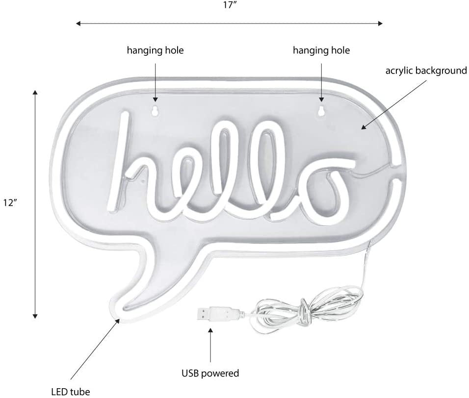 Isaac Jacobs 17” x 12” inch LED Neon ‘White &amp; Pink “hello” Word Bubble’ Wall Sign for Cool Light, Wall Art, Bedroom Decorations, Home Accessories, Party, and Holiday Décor: Powered by USB Wire (HELLO)