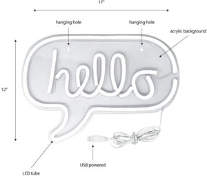 Isaac Jacobs 17” x 12” inch LED Neon ‘White & Pink “hello” Word Bubble’ Wall Sign for Cool Light, Wall Art, Bedroom Decorations, Home Accessories, Party, and Holiday Décor: Powered by USB Wire (HELLO)