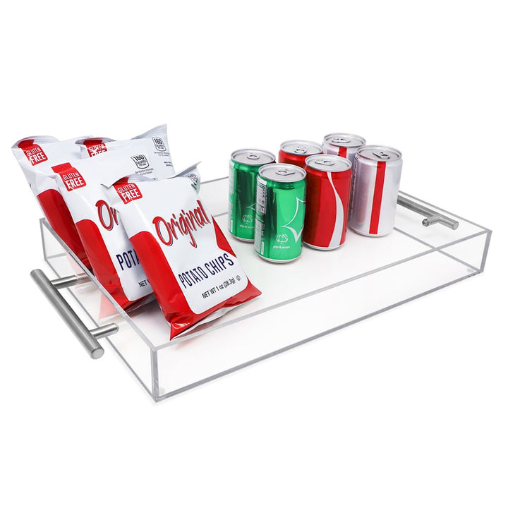 Isaac Jacobs Clear Acrylic Serving Tray with Metal Handles, Spill-Proof, Stackable Organizer, Space-Saver, Food &amp; Drinks Server, Indoors/Outdoors, Lucite Storage Décor &amp; More