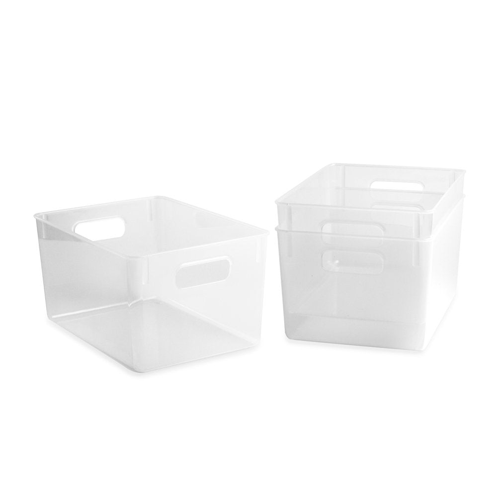 Isaac Jacobs 3-Pack Clear Storage Bins with Cutout Handles, Plastic Organizer for Home, Office, Kitchen, Fridge/Freezer, Drawers, BPA Free, Food Safe