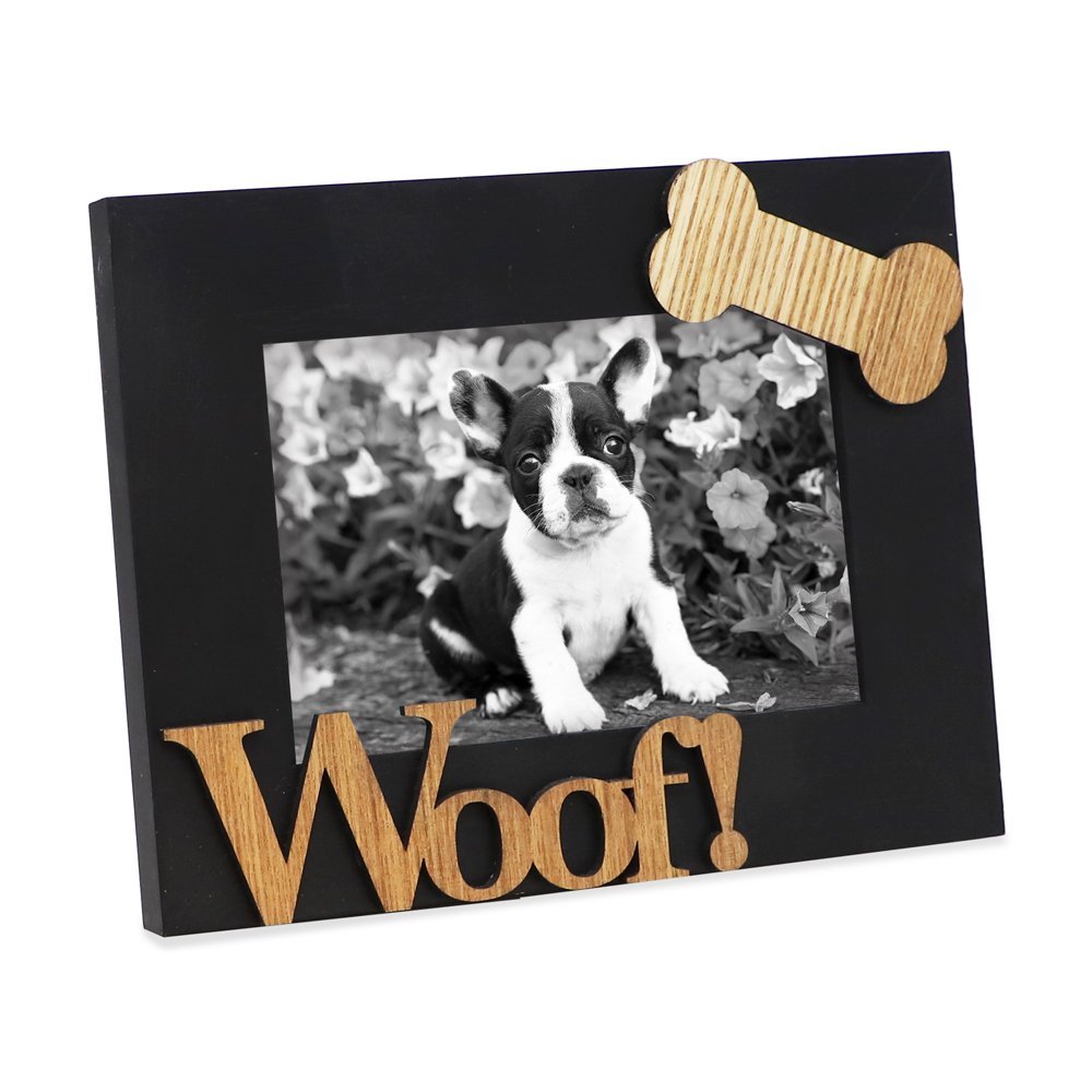 Isaac Jacobs Wood Sentiments Dog “Woof!” Picture Frame, Photo Gift for Pet Dog, Puppy, Display on Tabletop, Desk