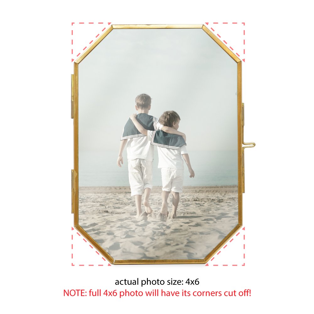 Isaac Jacobs Vintage Style Octagon Brass &amp; Glass, Metal Floating Picture Frame with Locket Closure, Tabletop Display