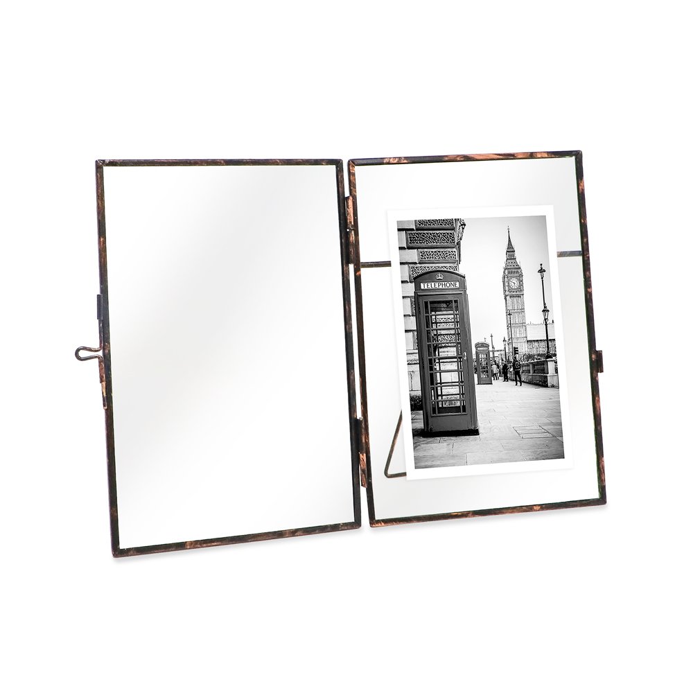 Isaac Jacobs Vintage Style Brass and Glass, Metal Floating Picture Frame with Locket Closure, for Photos, Art, &amp; More, Tabletop Display