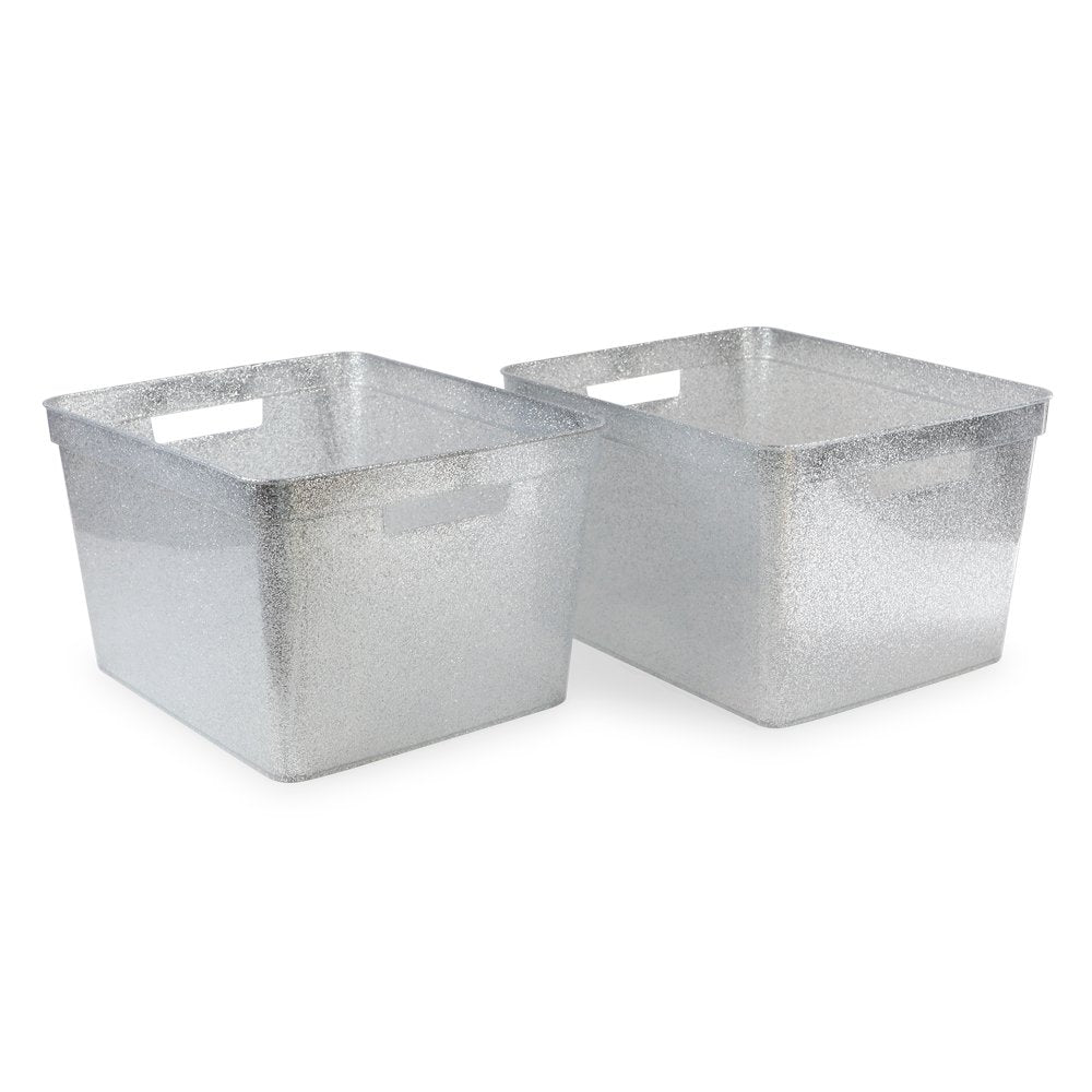Isaac Jacobs Large Glitter Storage Bin (14” x 11.5” x 8.75”) Set w/Cut-Out Handles, Plastic Organizer, Multi-Functional, Home Storage Solution, Kids Playroom, Bedroom, Closet