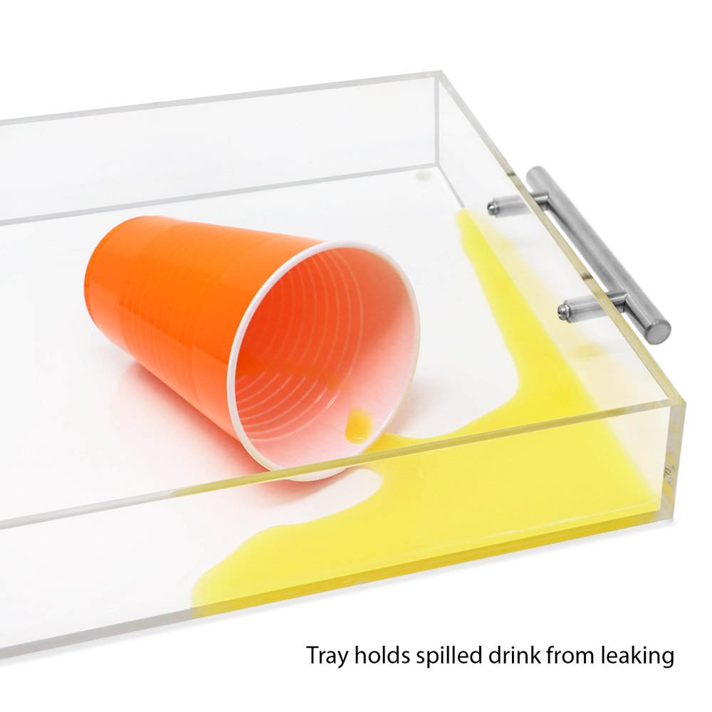 Isaac Jacobs Clear Acrylic Serving Tray with Metal Handles, Spill-Proof, Stackable Organizer, Space-Saver, Food &amp; Drinks Server, Indoors/Outdoors, Lucite Storage Décor &amp; More