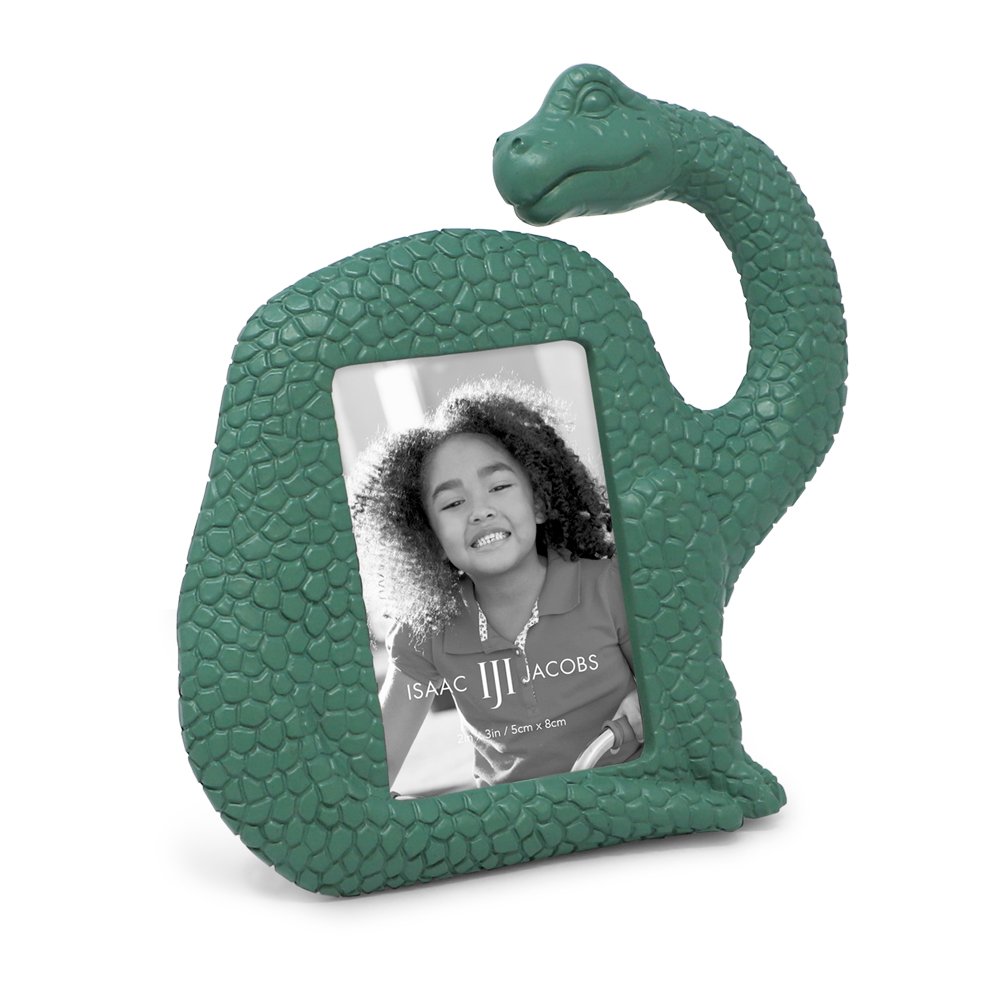 Isaac Jacobs 2” x 3" Resin Dinosaur Picture Frame, Vertical Keepsake Photo Frame with Easel and Hanging Tabs for Tabletop, Desktop &amp; Wall Display