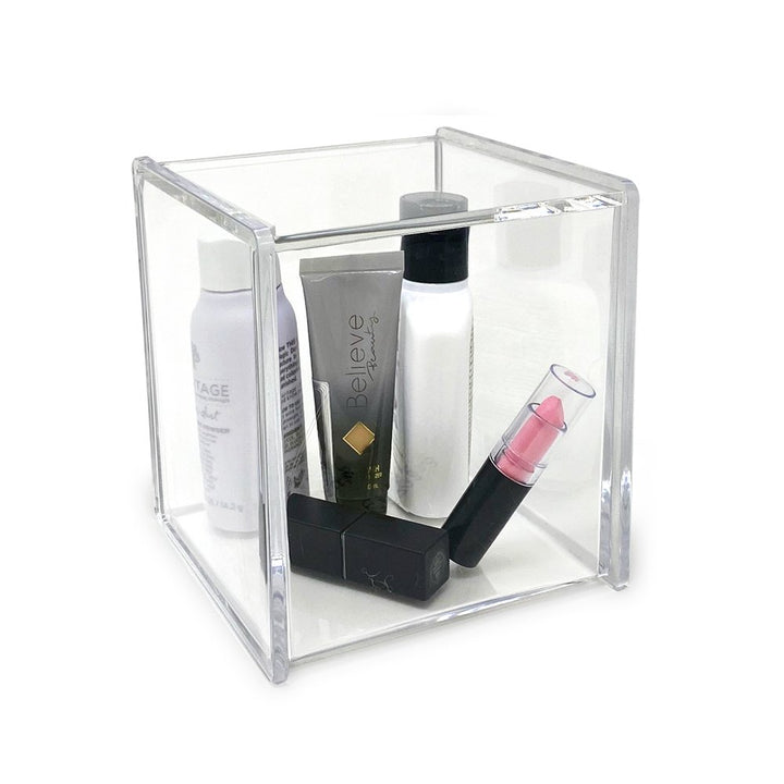 Isaac Jacobs Clear Acrylic Cube Organizer with Lid (5.25" L x 5.25" W x 5.75" H), Stackable, Storage Solution for Makeup, School &amp; Office Supplies &amp; More, for Bathroom, Kitchen, Office