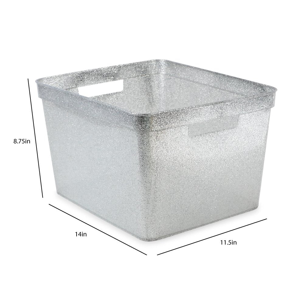 Isaac Jacobs Large Glitter Storage Bin (14” x 11.5” x 8.75”) Set w/Cut-Out Handles, Plastic Organizer, Multi-Functional, Home Storage Solution, Kids Playroom, Bedroom, Closet