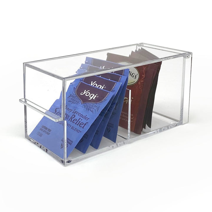 Isaac Jacobs 2-Compartment Rectangular Clear Acrylic Organizer with Lid (6.75" L x 3" W x 3.25" H), Tea Bag Holder, Multi-Sectional Tray, Stackable, Storage Box, for Kitchen, Bathroom, Office &amp; More