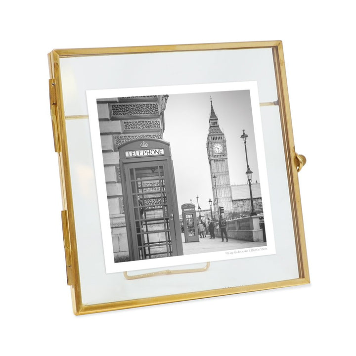 Isaac Jacobs Vintage Style Brass and Glass, Metal Floating Desk Photo Frame with Locket Bead Clasp Closure for Pictures Art, More