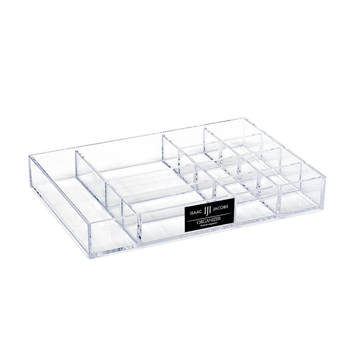 Isaac Jacobs 12-Compartment Clear Acrylic Drawer Organizer (9.4" L x 6.4" W x 1.4" H), Multi-Sectional Tray &amp; Storage Solution for Makeup, School &amp; Office Supplies, Bathroom, Kitchen