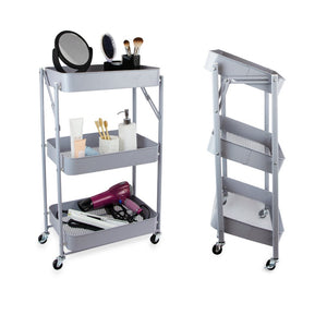 Isaac Jacobs 3-Tier Rolling Cart, Foldable Mobile Storage Organizer with Caster Wheels, Lightweight Multi-Purpose Metal Utility Cart for Office, Kitchen, Bathroom, Bedroom