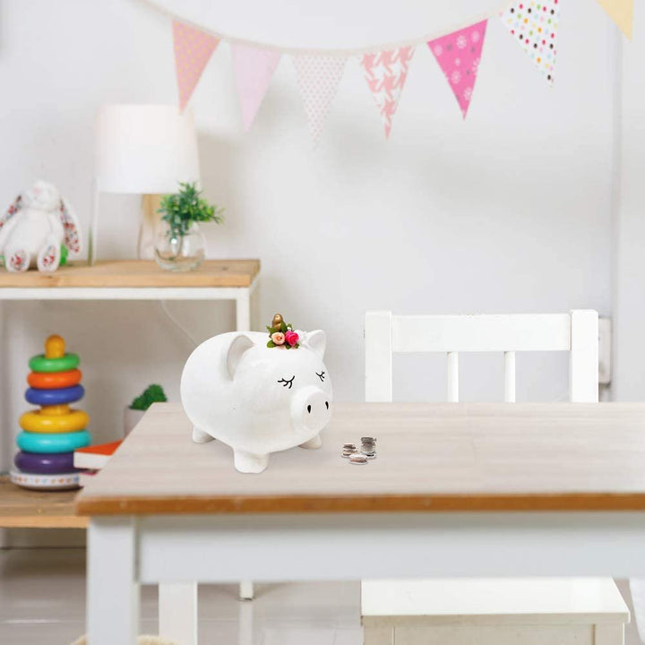 Isaac Jacobs Ceramic Pigicorn Money Bank, Cute Piggy Bank, Princess Unicorn Pig with Floral Wreath, Girls Room Decor, Kids Cartoon Animal Coin Bank, Fun Keepsake Gift for Children and Teens (White)