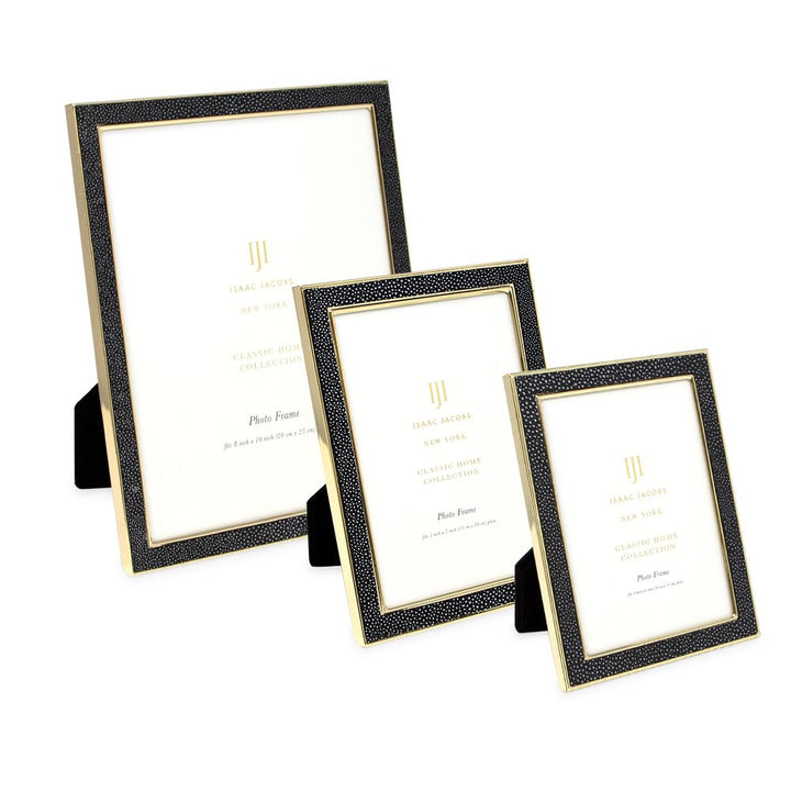 Isaac Jacobs Leather with Metal (Vertical &amp; Horizontal) Picture Frame, Shagreen Border w/ Black Fabric Easel, Wall-Mountable, Made For Tabletop, Photo Gallery
