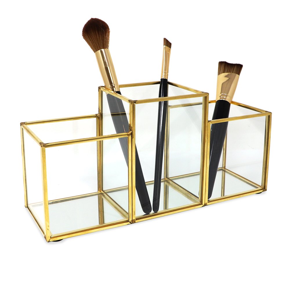 Isaac Jacobs 3-Compartment Makeup Brush Holder, Vintage Style Brass and Glass Organizer, (9.3” L x 3.1" W x 4.5" H) Storage Solution with Mirror Base &amp; Taller Center Slot, for Makeup, Crafts, More