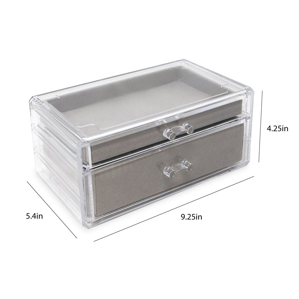 Isaac Jacobs Clear Acrylic 2-Drawer Jewelry Organizer (9.25” x 5.4” x 4.25”) w/ Velvet Lining, Stackable Storage Box For Necklaces, Bracelets, Earrings, Watches &amp; Rings, Tabletop Display Case