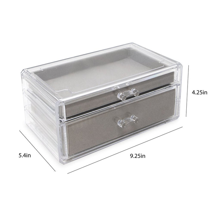 Isaac Jacobs Clear Acrylic 2-Drawer Jewelry Organizer (9.25” x 5.4” x 4.25”) w/ Velvet Lining, Stackable Storage Box For Necklaces, Bracelets, Earrings, Watches &amp; Rings, Tabletop Display Case