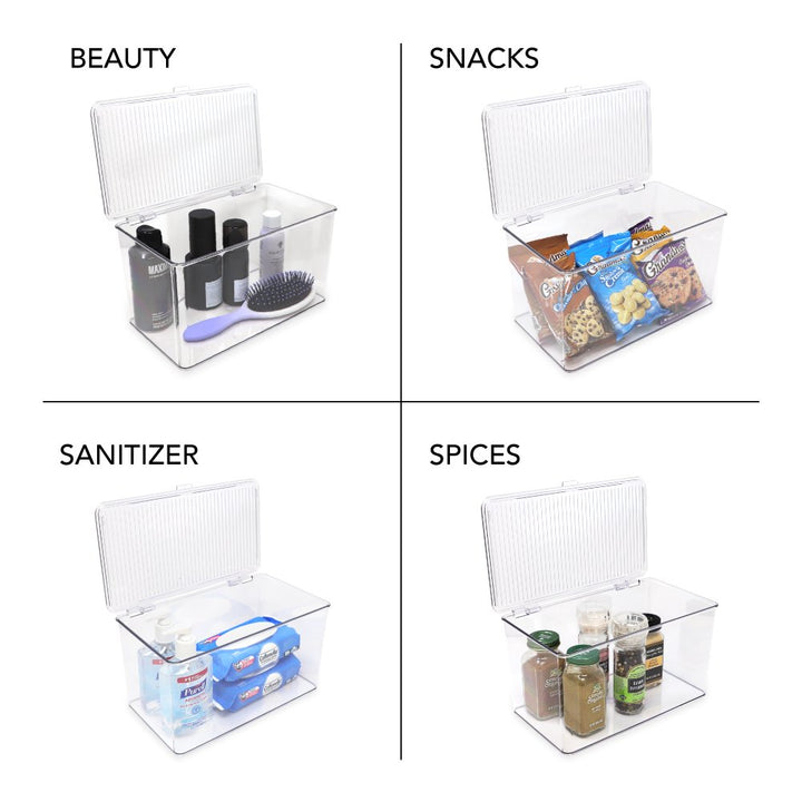 Isaac Jacobs Stackable Organizer Bin w/ Hinged Lid, Clear Storage Box, Home, Office, School, Fridge, Bathroom, Kitchen, Pantry Container, BPA-Free, Food Safe_