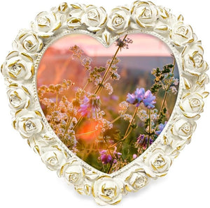 Isaac Jacobs 5x5 White with Gold Heart Shaped Rose Border Resin Frame, Photo Tabletop & Wall Display Hanging Display & Home Décor