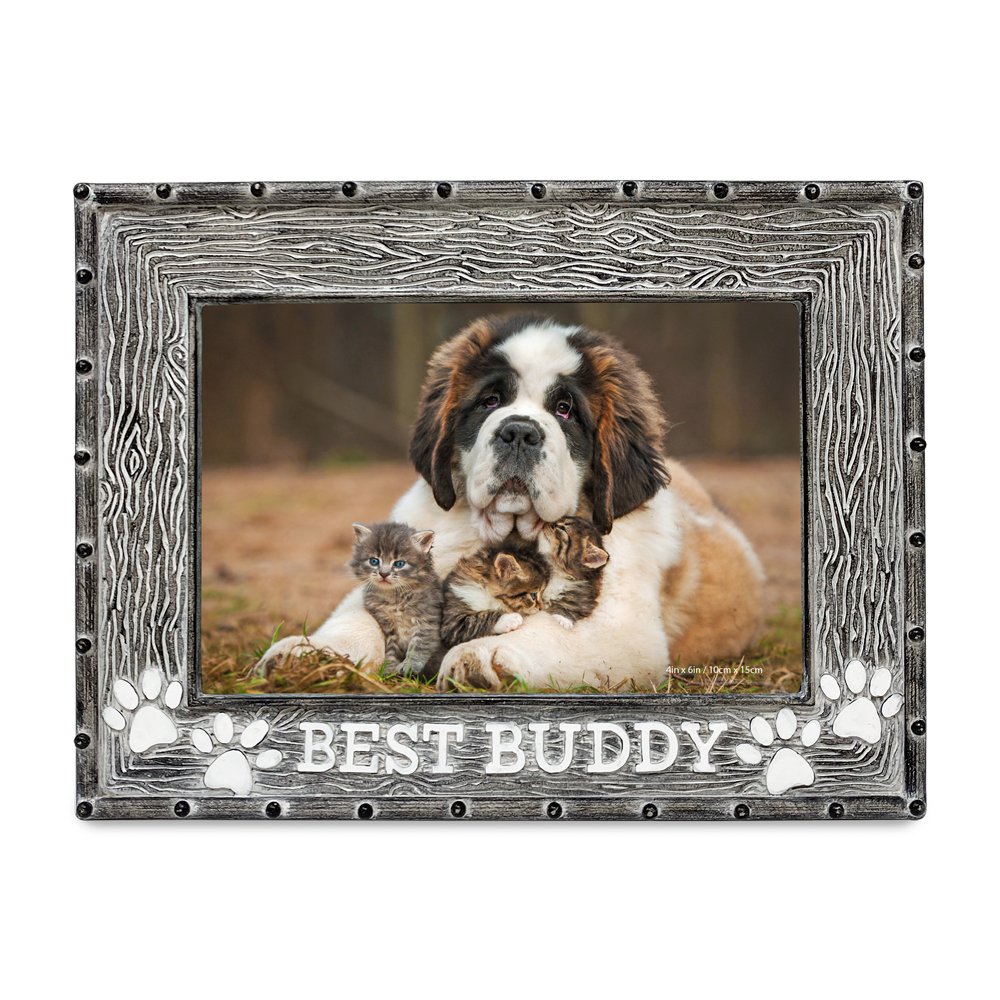 Isaac Jacobs 4" x 6" Resin Sentiments Dog Best Buddy Picture Frame, Horizontal Keepsake Photo Frame with Easel and Hanging Tabs for Tabletop, Desktop &amp; Wall Display