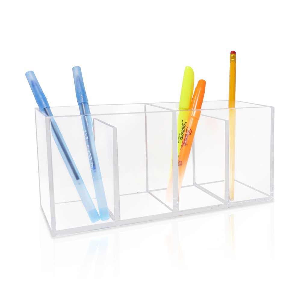 Isaac Jacobs 4-Compartment Clear Acrylic Organizer- Makeup Brush Holder- Storage Solution- Office, Bathroom, Kitchen Supplies and More