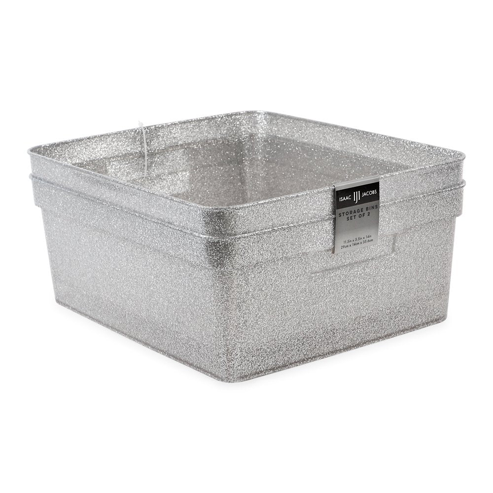 Isaac Jacobs Medium Glitter Storage Bin (14” x 11.5” x 5.5”) Set w/Cut-Out Handles, Plastic Organizer, Multi-Functional, Home Storage Solution, Kids Playroom, Bedroom, Closet