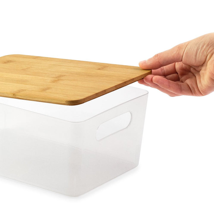 Isaac Jacobs 2-Pack Storage Bin Set w/ Cut-Out Handles and Bamboo Lid, Plastic Organizers for Home, Pantry, Kitchen, Closet, Office, Home Décor, BPA Free, Food Safe