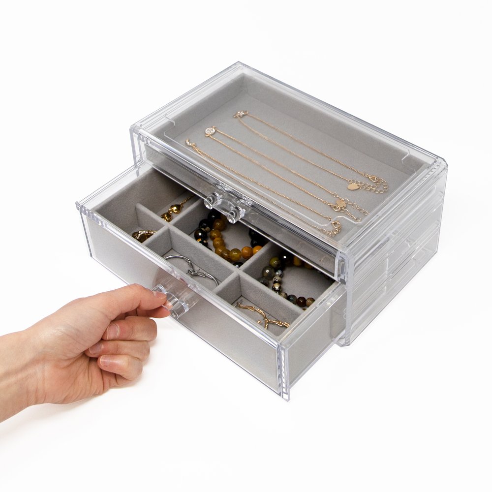 Isaac Jacobs Clear Acrylic 2-Drawer Jewelry Organizer (9.25” x 5.4” x 4.25”) w/ Velvet Lining, Stackable Storage Box For Necklaces, Bracelets, Earrings, Watches &amp; Rings, Tabletop Display Case