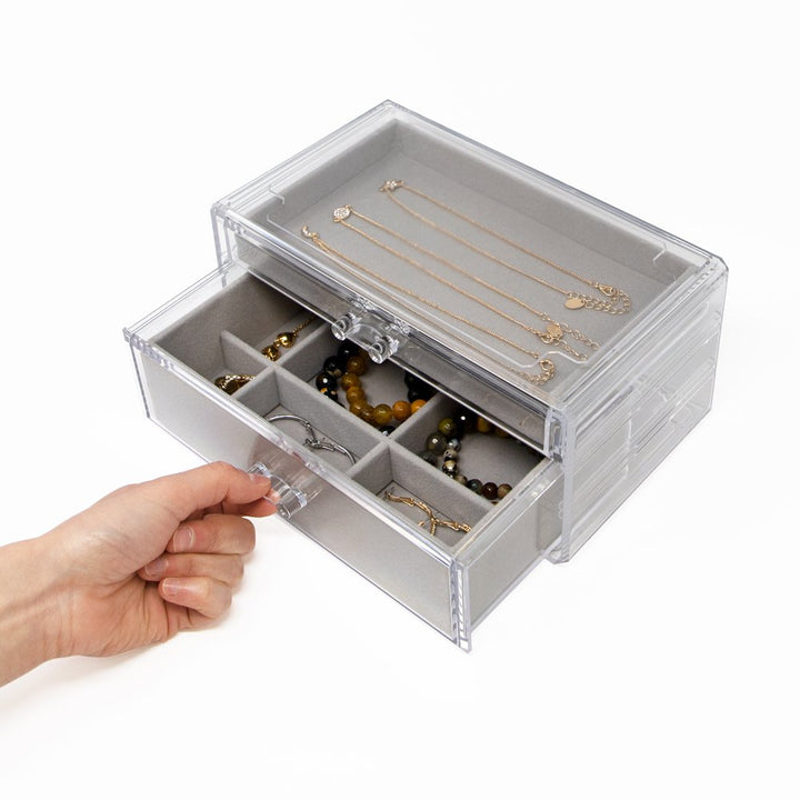 Isaac Jacobs Clear Acrylic 2-Drawer Jewelry Organizer (9.25” x 5.4” x 4.25”) w/ Velvet Lining, Stackable Storage Box For Necklaces, Bracelets, Earrings, Watches &amp; Rings, Tabletop Display Case