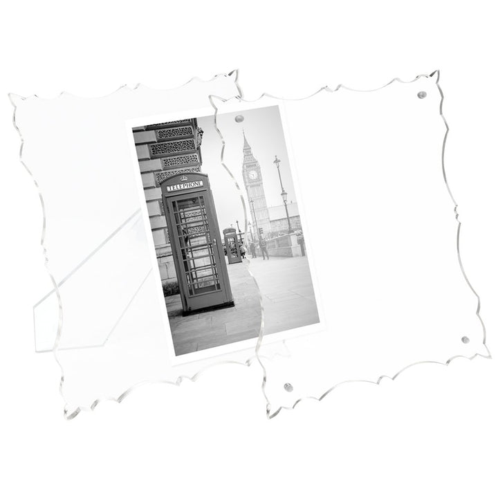 Isaac Jacobs Clear Elegant Acrylic Picture Frame with Vintage-Inspired Cutout Border, Magnetic Photo Frame, Made for Tabletop Display with Two-Way Easel