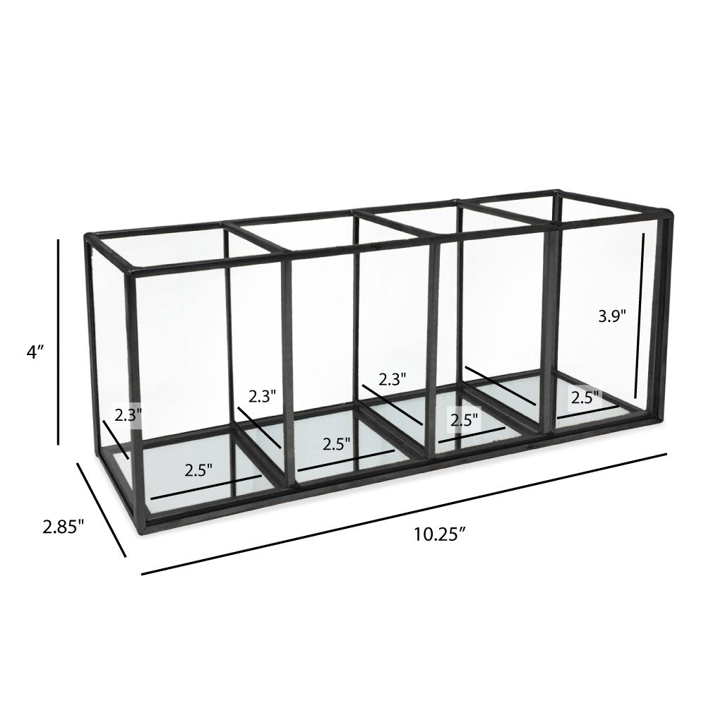 Isaac Jacobs 4-Compartment Organizer- Makeup Brush Holder- Vintage Style Brass and Glass Storage Solution with Mirror Base- Office, Bathroom, Kitchen Supplies and More