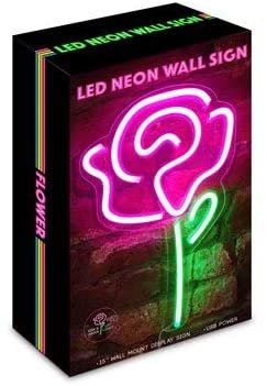Isaac Jacobs 15" x 9" inch LED Neon Pink Rose Flower with Green Stem Wall Sign For Cool Light, Wall Art, Bedroom Decorations, Home Accessories, Party, and Holiday Decor: Powered by USB Wire (ROSE)