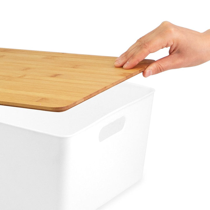 Isaac Jacobs 2-Pack Storage Bin Set w/ Cut-Out Handles and Bamboo Lid, Plastic Organizers for Home, Pantry, Kitchen, Closet, Office, Home Décor, BPA Free, Food Safe