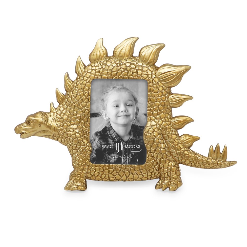 Isaac Jacobs 2” x 3" Resin Dinosaur Picture Frame, Vertical Keepsake Photo Frame with Easel and Hanging Tabs for Tabletop, Desktop &amp; Wall Display