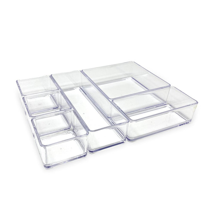 Isaac Jacobs 6-Tray Clear Acrylic Organizer Set, (Six Individual Trays), Multi-Purpose, Stackable Storage Solution for Makeup, Crafts, Desk, School, Office Supplies &amp; More, for Bathroom, Kitchen
